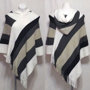 Boho Striped Hooded Poncho Blanket Wrap OS Metallic Fringe Asymmetrical Travel